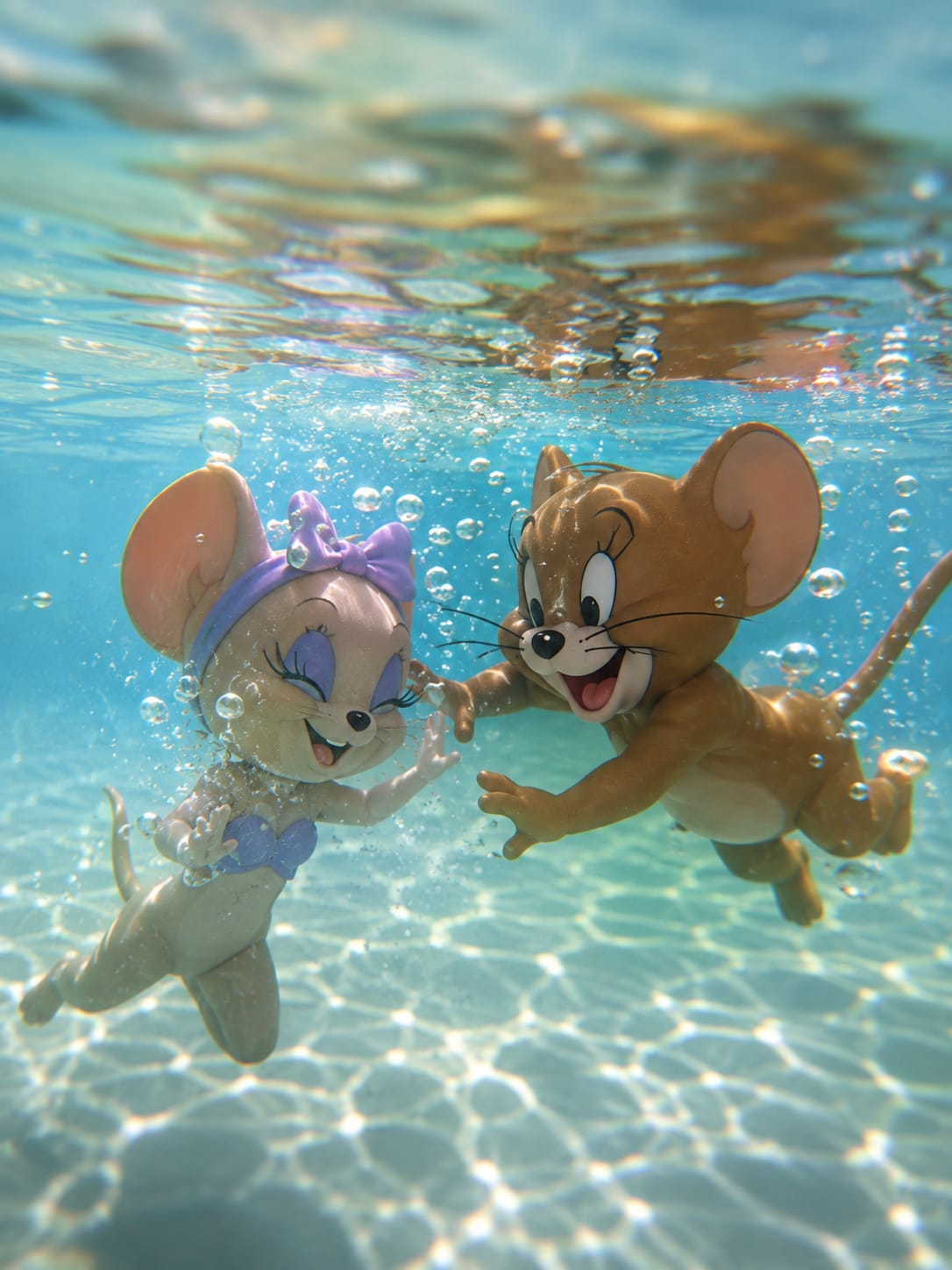 Dois personagens de desenho nadando em água azul, com bolhas e fu

ndo desfocado de piscina.