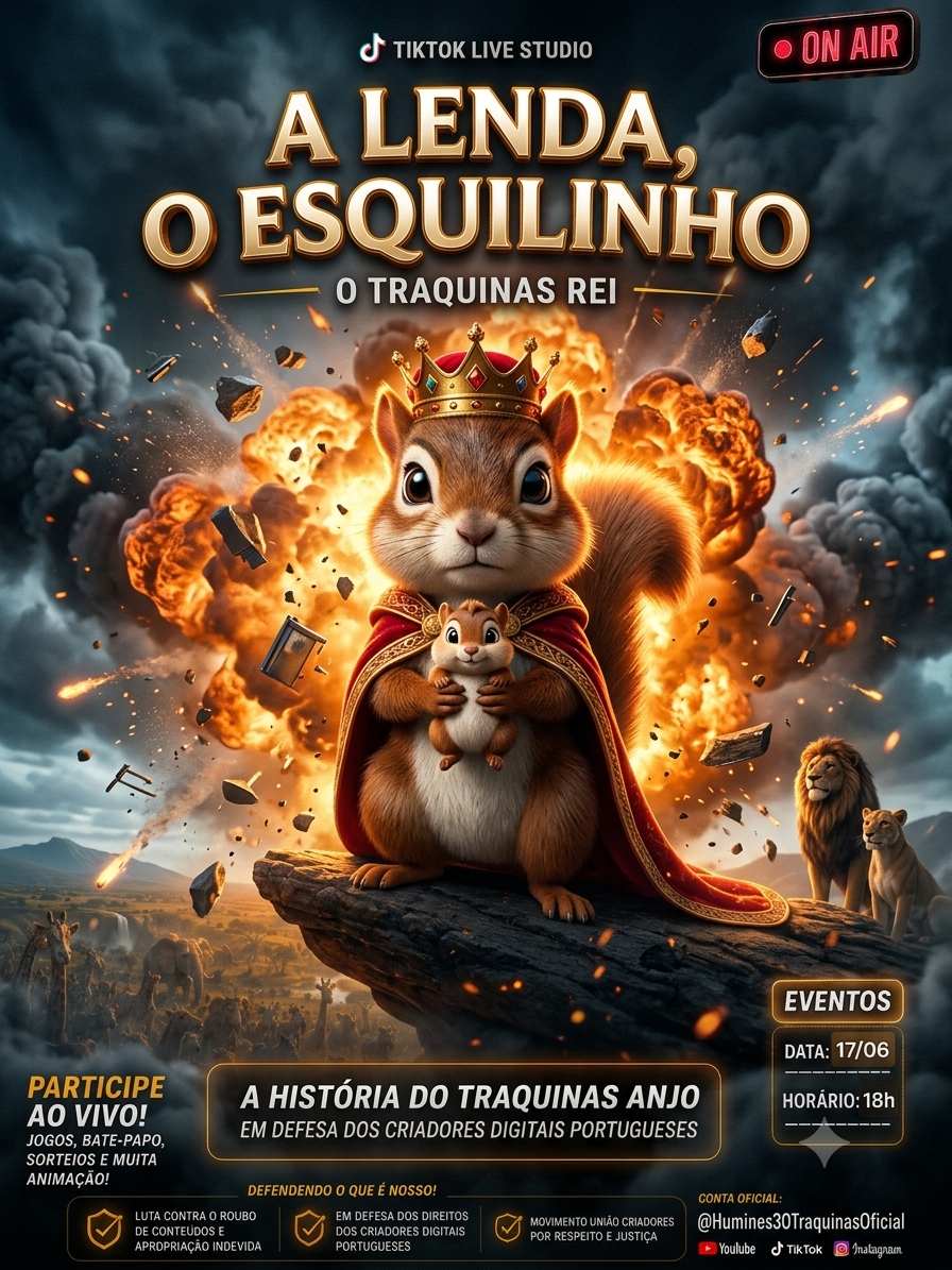 Cartaz de live do TikTok com esquilos coroados, explosões e texto “A lenda, o esquilinho”.