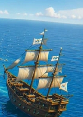Humines3 Navio de madeira com velas brancas navegando no oceano azul sob céu parcialmente nublado.