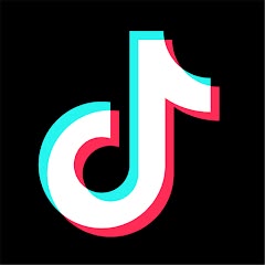Logotipo do TikTok com nota musical estilizada em branco, rosa e azul sobre fundo preto.