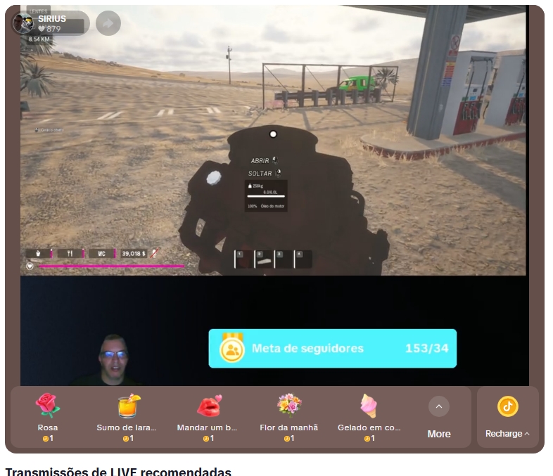 DriveBeyondHorizons
Tela de jogo em primeira pessoa em deserto, com painel de seguidores e doações na parte inferior.